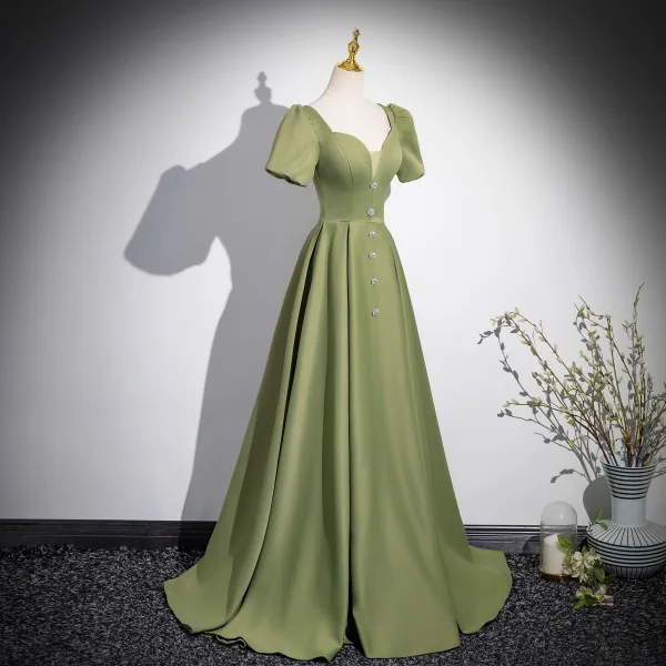 Élégant Vert Cendré Satin Robe De Bal 2024 Princesse Encolure Carrée Manches Courtes Dos Nu Longue Promo Robe De Ceremonie