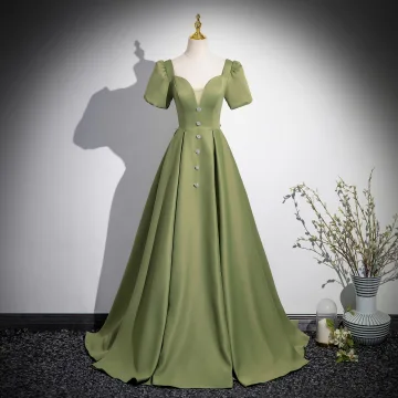 Élégant Vert Cendré Satin Robe De Bal 2024 Princesse Encolure Carrée Manches Courtes Dos Nu Longue Promo Robe De Ceremonie