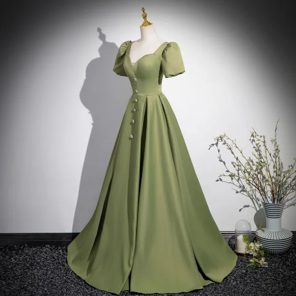 Élégant Vert Cendré Satin Robe De Bal 2024 Princesse Encolure Carrée Manches Courtes Dos Nu Longue Promo Robe De Ceremonie