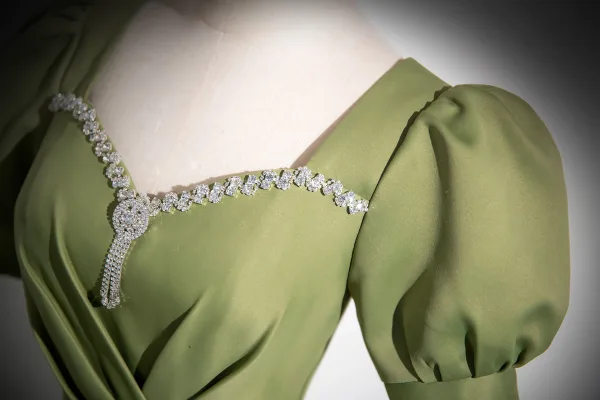 Elegant Sage Green Rhinestone Satin Prom Dresses 2024 A-Line / Princess Square Neckline Short Sleeve Backless Floor-Length / Long Prom Formal Dresses