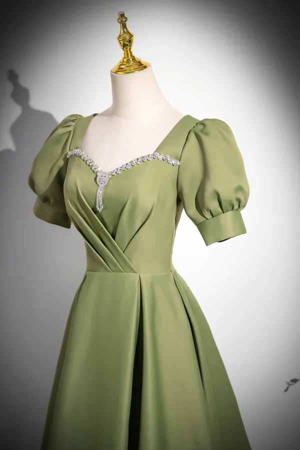 Elegant Sage Green Rhinestone Satin Prom Dresses 2024 A-Line / Princess Square Neckline Short Sleeve Backless Floor-Length / Long Prom Formal Dresses