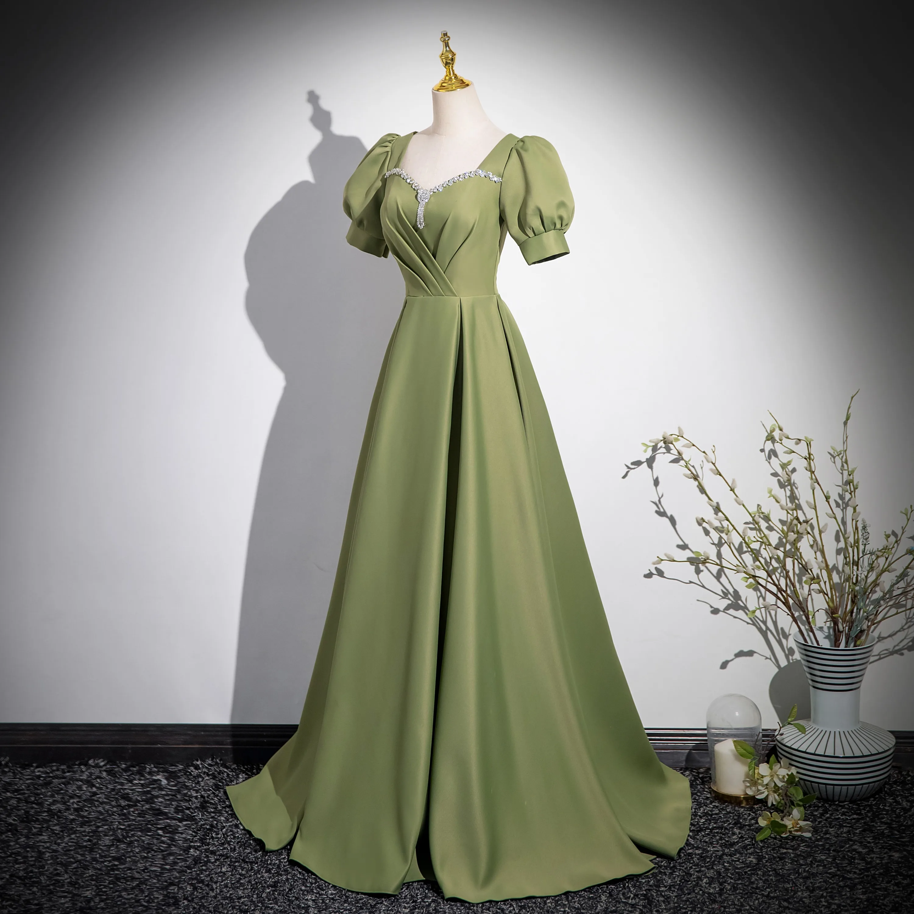 knee length dresses for ladies Zapaka Women Dusty Sage Prom Dress With Long Sleeves Lace Applique Sequin Tulle V Neck A Line Evening Dress, Dusty Sage / US16W main image 1