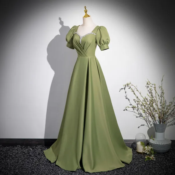 Elegant Sage Green Rhinestone Satin Prom Dresses 2024 A-Line / Princess Square Neckline Short Sleeve Backless Floor-Length / Long Prom Formal Dresses