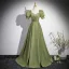 Elegant Sage Green Rhinestone Satin Prom Dresses 2024 A-Line / Princess Square Neckline Short Sleeve Backless Floor-Length / Long Prom Formal Dresses