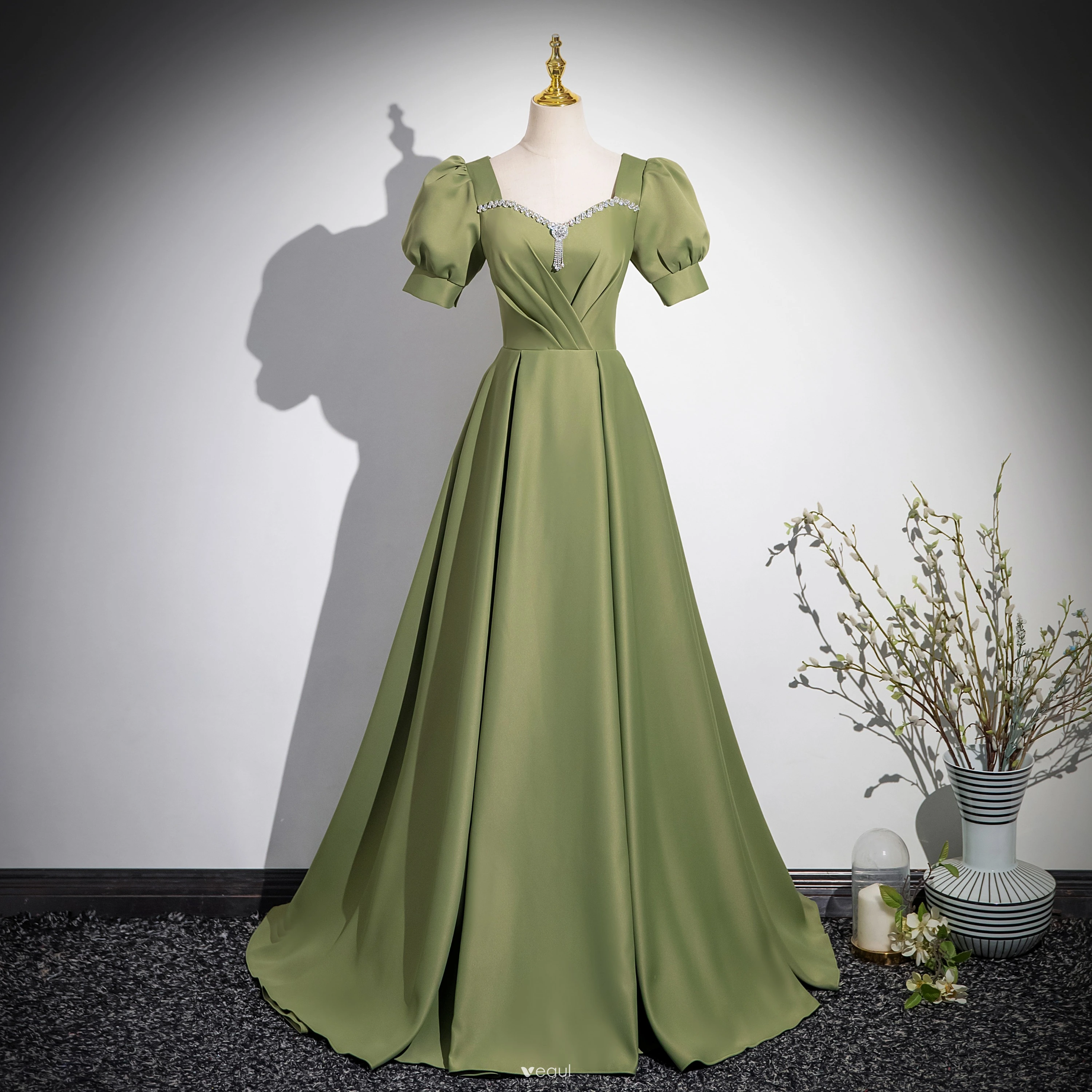 satin sage green prom dress Spaghetti Strap Sage Green Satin Prom Dresses with Slit FD2706B – Viniodress main image 1