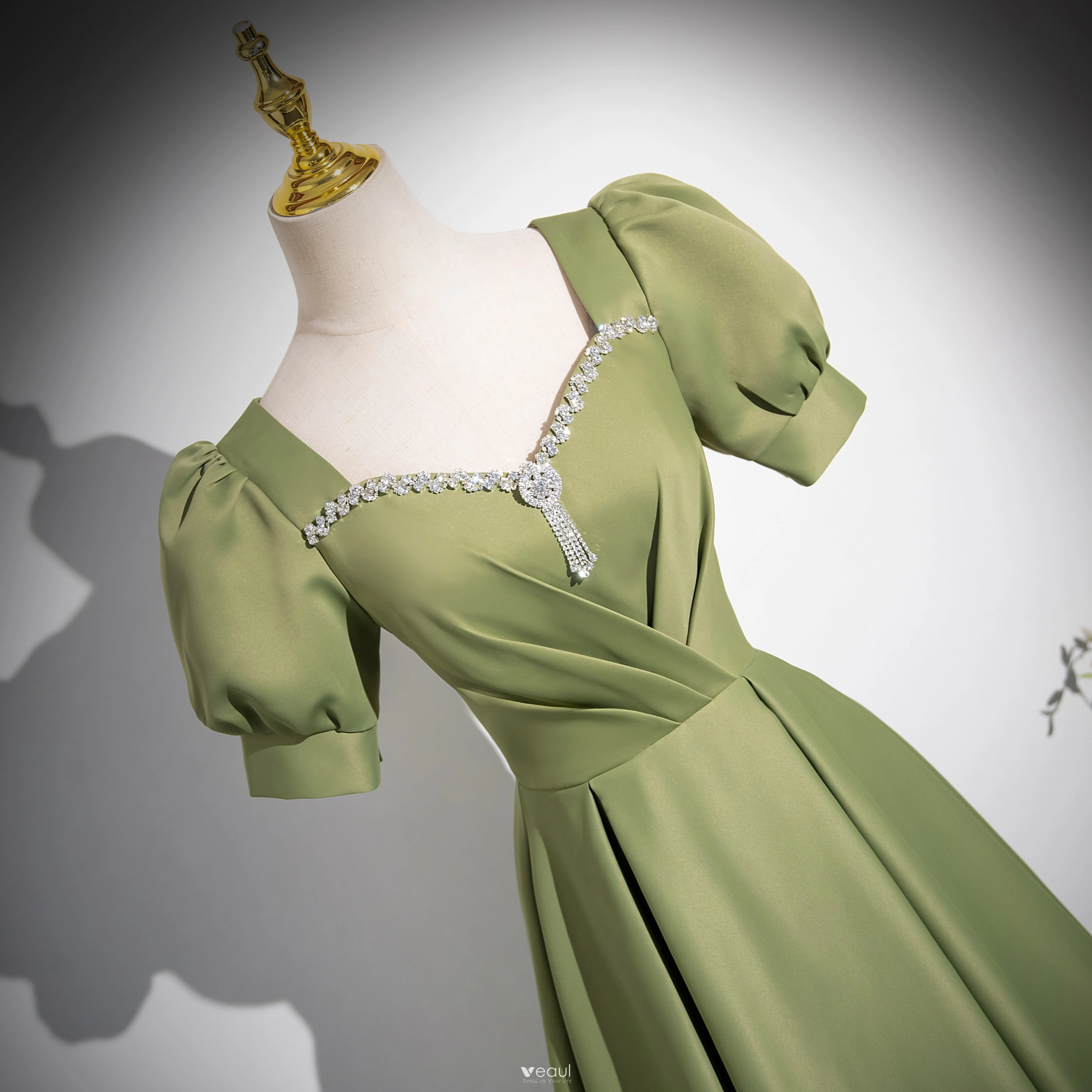 Elegant Sage Green Rhinestone Satin Prom Dresses 2024 A Line Princess Square  Neckline Short Sleeve Backless Floor Length Long Prom Formal Dresses