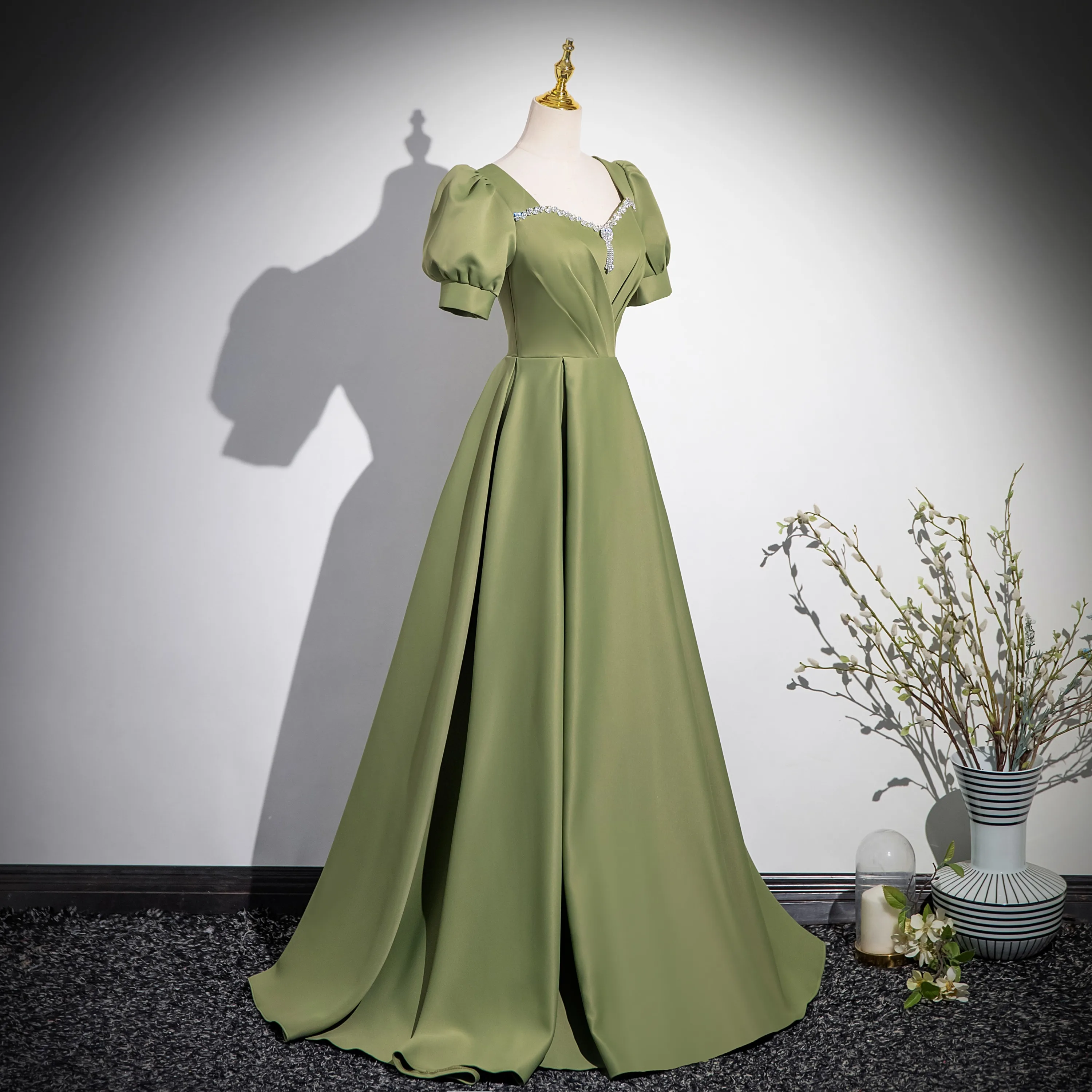 Elegant Sage Green Rhinestone Satin Prom Dresses 2024 A-Line Princess Square Neckline Elegant Sage Green Rhinestone Satin Prom Dresses 2024 A-Line Princess Square Neckline