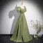 Elegant Sage Green Rhinestone Satin Prom Dresses 2024 A-Line / Princess Square Neckline Short Sleeve Backless Floor-Length / Long Prom Formal Dresses