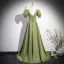 Elegant Sage Green Rhinestone Satin Prom Dresses 2024 A-Line / Princess Square Neckline Short Sleeve Backless Floor-Length / Long Prom Formal Dresses