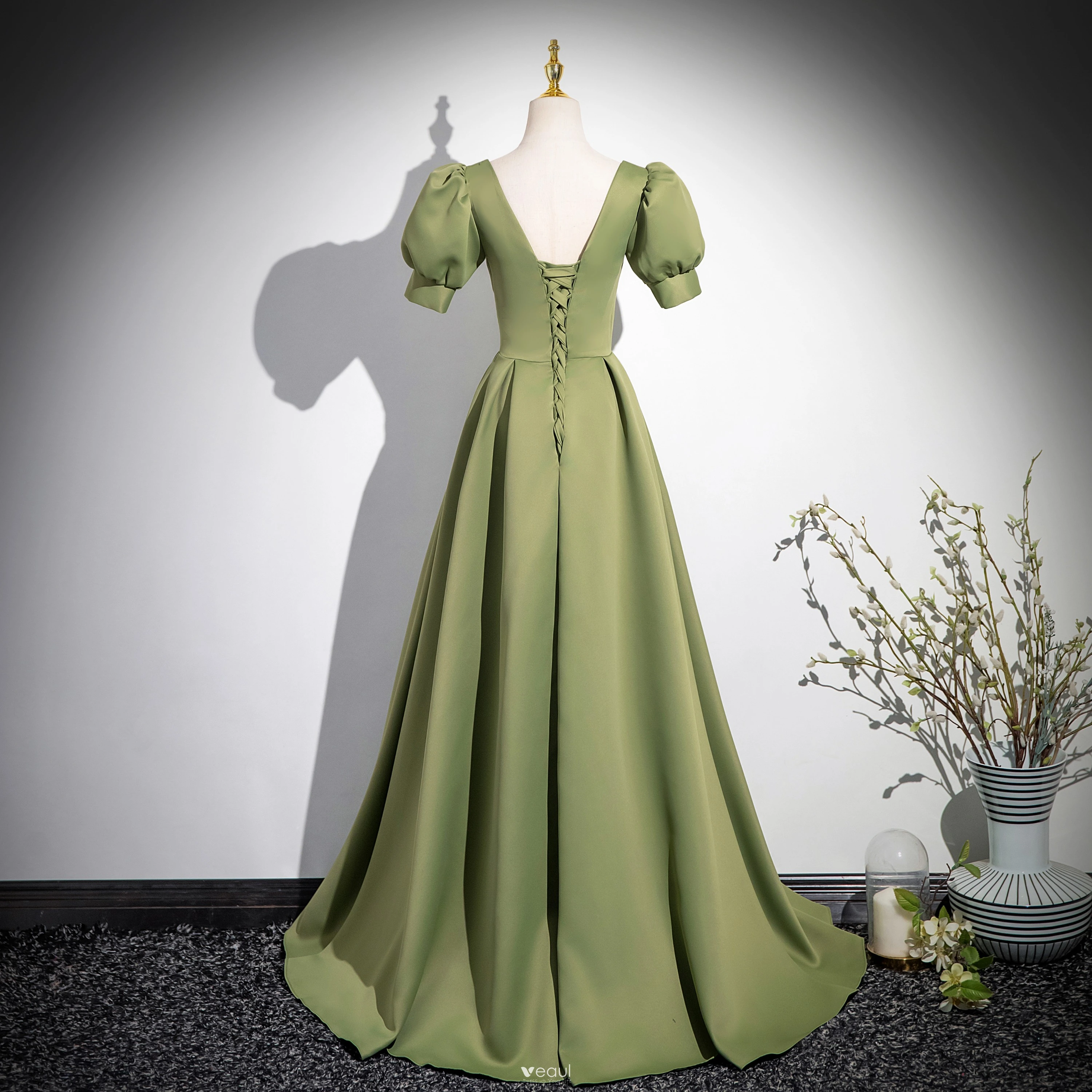 Elegant Sage Green Rhinestone Satin Prom Dresses 2024 A-Line / Princess Square Neckline Short Sleeve Backless Floor-Length / Long Prom Formal Dresses