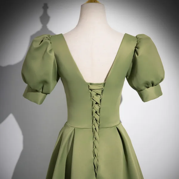 Elegant Sage Green Rhinestone Satin Prom Dresses 2024 A-Line / Princess Square Neckline Short Sleeve Backless Floor-Length / Long Prom Formal Dresses