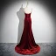 Charmant Bordeaux Faux Diamant Velours Robe De Soirée 2024 Trompette / Sirène Bretelles Spaghetti Sans Manches Dos Nu Train De Balayage Soirée Robe De Ceremonie