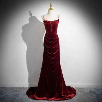 Encantador Borgoña Rhinestone Terciopelo Vestidos De Noche 2024 Trumpet Mermaid Spaghetti Straps Sin Mangas Sin Espalda Colas De Barrido Noche Vestidos Formales