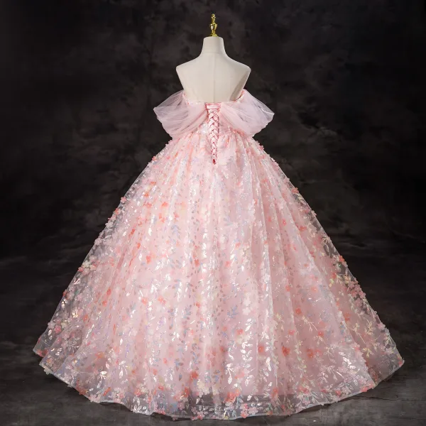 Flower Fairy Blushing Pink Butterfly Sequins Appliques Prom Dresses 2024 Ball Gown Off-The-Shoulder Short Sleeve Backless Floor-Length / Long Prom Formal Dresses
