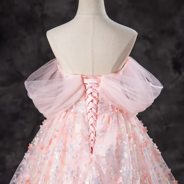 Flower Fairy Blushing Pink Butterfly Sequins Appliques Prom Dresses 2024 Ball Gown Off-The-Shoulder Short Sleeve Backless Floor-Length / Long Prom Formal Dresses