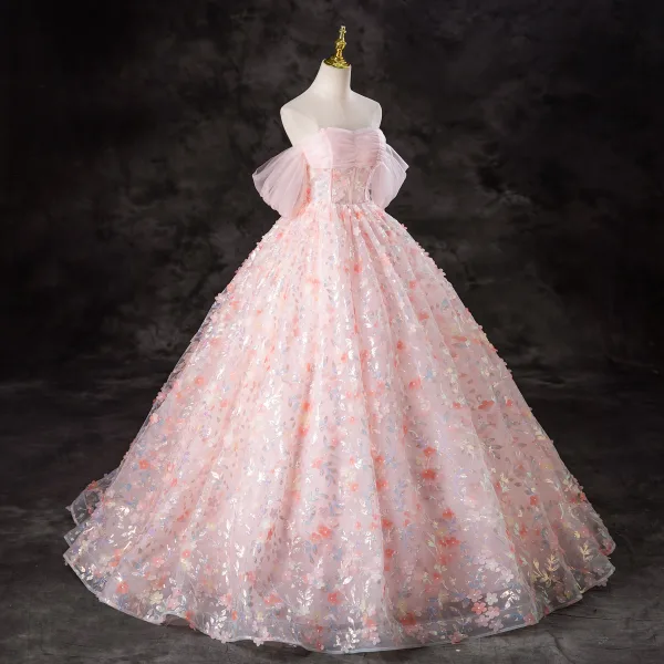 Flower Fairy Blushing Pink Butterfly Sequins Appliques Prom Dresses 2024 Ball Gown Off-The-Shoulder Short Sleeve Backless Floor-Length / Long Prom Formal Dresses