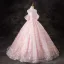 Flower Fairy Blushing Pink Butterfly Sequins Appliques Prom Dresses 2024 Ball Gown Off-The-Shoulder Short Sleeve Backless Floor-Length / Long Prom Formal Dresses