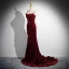 Charmant Bordeaux Faux Diamant Velours Robe De Soirée 2024 Trompette / Sirène Bretelles Spaghetti Sans Manches Dos Nu Train De Balayage Soirée Robe De Ceremonie