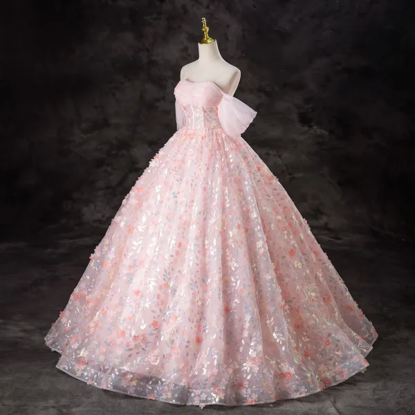 Flower Fairy Blushing Pink Butterfly Sequins Appliques Prom Dresses 2024 Ball Gown Off-The-Shoulder Short Sleeve Backless Floor-Length / Long Prom Formal Dresses
