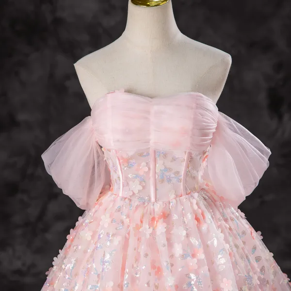 Flower Fairy Blushing Pink Butterfly Sequins Appliques Prom Dresses 2024 Ball Gown Off-The-Shoulder Short Sleeve Backless Floor-Length / Long Prom Formal Dresses