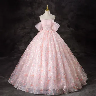 Flower Fairy Blushing Pink Butterfly Sequins Appliques Prom Dresses 2024 Ball Gown Off The Shoulder Short Sleeve Backless Floor Length Long Prom Formal Dresses