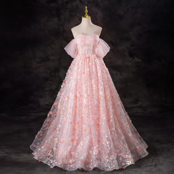 Flower Fairy Blushing Pink Butterfly Sequins Appliques Prom Dresses 2024 Ball Gown Off-The-Shoulder Short Sleeve Backless Floor-Length / Long Prom Formal Dresses