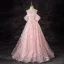 Flower Fairy Blushing Pink Butterfly Sequins Appliques Prom Dresses 2024 Ball Gown Off-The-Shoulder Short Sleeve Backless Floor-Length / Long Prom Formal Dresses