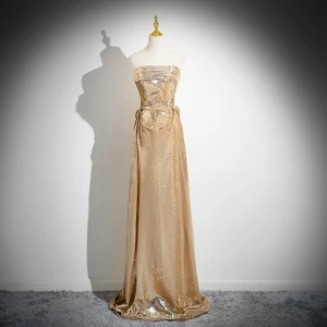 Sparkly Gold Sequins Empire Evening Dresses 2024 Strapless Sleeveless Backless Floor Length Long Evening Party Formal Dresses