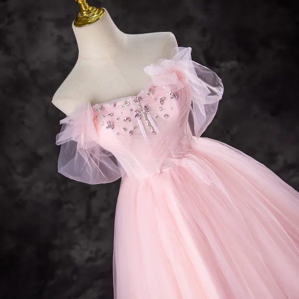 Chic / Beautiful Candy Pink Rhinestone Sequins Prom Dresses 2024 Ball Gown Strapless Sleeveless Backless Floor-Length / Long Prom Formal Dresses