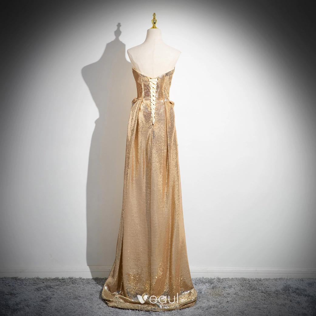 Sparkly Gold Sequins Empire Evening Dresses 2024 Strapless Sleeveless  Backless Floor Length Long Evening Party Formal Dresses