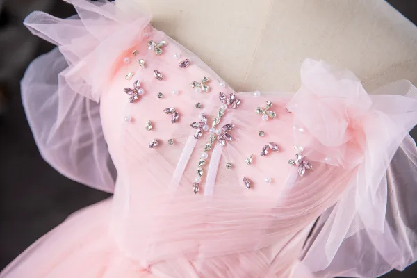 Chic / Beautiful Candy Pink Rhinestone Sequins Prom Dresses 2024 Ball Gown Strapless Sleeveless Backless Floor-Length / Long Prom Formal Dresses