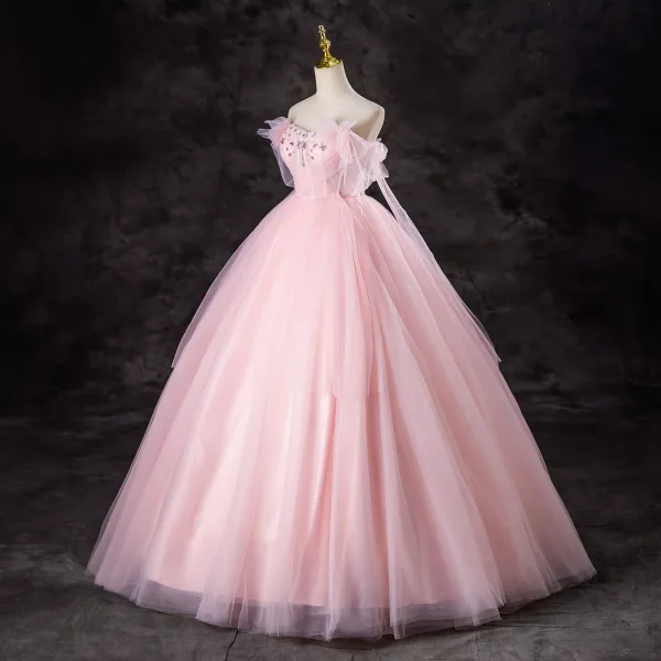 Chic / Beautiful Candy Pink Rhinestone Sequins Prom Dresses 2024 Ball Gown Strapless Sleeveless Backless Floor-Length / Long Prom Formal Dresses