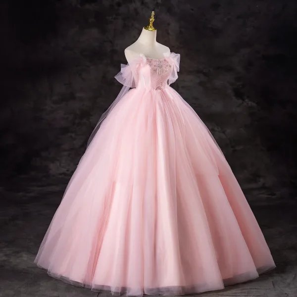 Chic / Beautiful Candy Pink Rhinestone Sequins Prom Dresses 2024 Ball Gown Strapless Sleeveless Backless Floor-Length / Long Prom Formal Dresses
