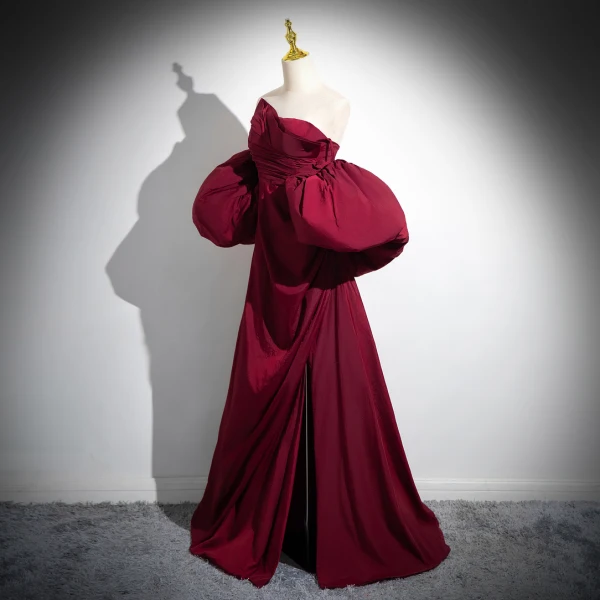 Elegant Burgundy Split Front Prom Dresses 2024 A-Line / Princess Strapless Puffy Short Sleeve Backless Bow Floor-Length / Long Formal Dresses