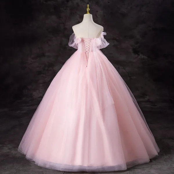 Chic / Beautiful Candy Pink Rhinestone Sequins Prom Dresses 2024 Ball Gown Strapless Sleeveless Backless Floor-Length / Long Prom Formal Dresses