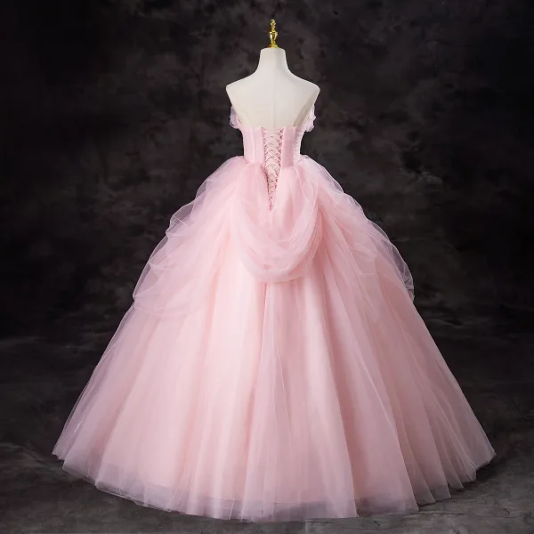 Lovely Blushing Pink Cascading Ruffles Prom Dresses 2024 Ball Gown Strapless Sleeveless Backless Floor-Length / Long Formal Dresses