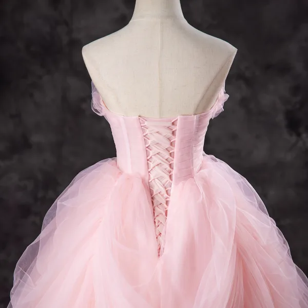 Lovely Blushing Pink Cascading Ruffles Prom Dresses 2024 Ball Gown Strapless Sleeveless Backless Floor-Length / Long Formal Dresses