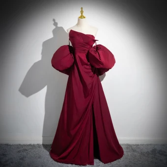 Elegant Burgundy Split Front Prom Dresses 2024 A Line Princess Strapless Puffy Short Sleeve Backless Bow Floor Length Long Formal Dresses