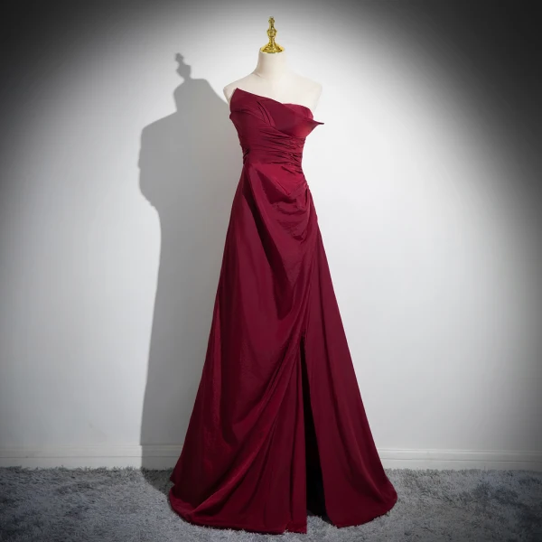 Elegant Burgundy Split Front Prom Dresses 2024 A-Line / Princess Strapless Puffy Short Sleeve Backless Bow Floor-Length / Long Formal Dresses