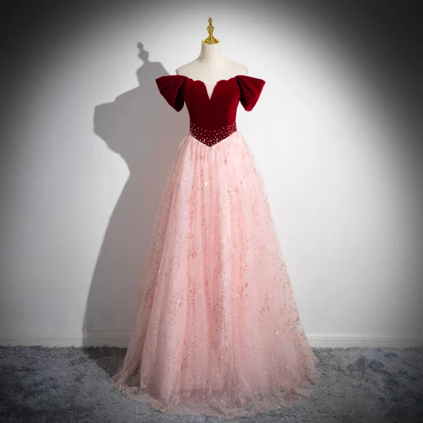 Elegant Burgundy Beading Sequins Prom Dresses 2024 Ball Gown Off-The-Shoulder Sleeveless Backless Floor-Length / Long Prom Formal Dresses