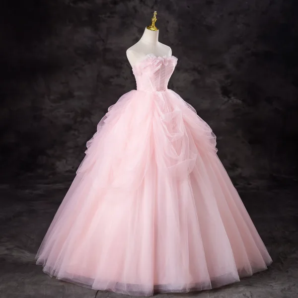 Lovely Blushing Pink Cascading Ruffles Prom Dresses 2024 Ball Gown Strapless Sleeveless Backless Floor-Length / Long Formal Dresses