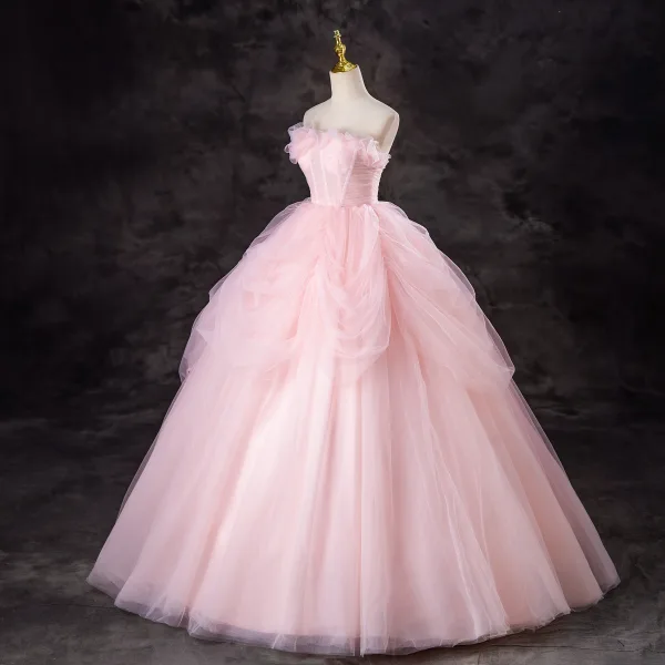 Lovely Blushing Pink Cascading Ruffles Prom Dresses 2024 Ball Gown Strapless Sleeveless Backless Floor-Length / Long Formal Dresses