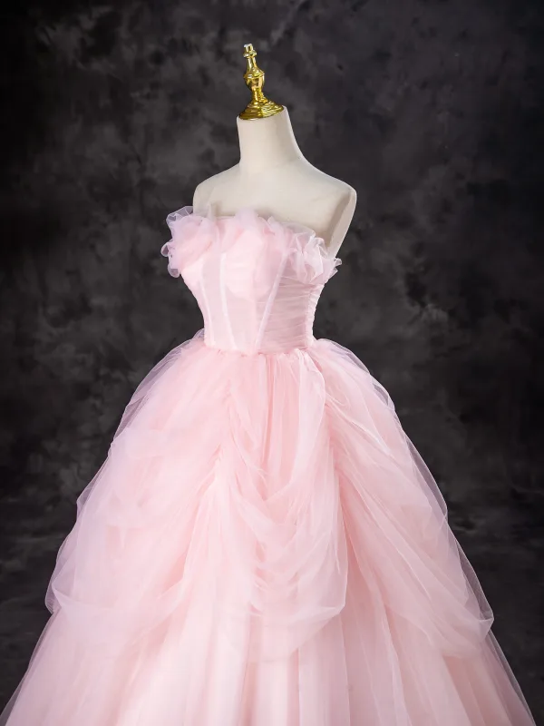 Lovely Blushing Pink Cascading Ruffles Prom Dresses 2024 Ball Gown Strapless Sleeveless Backless Floor-Length / Long Formal Dresses