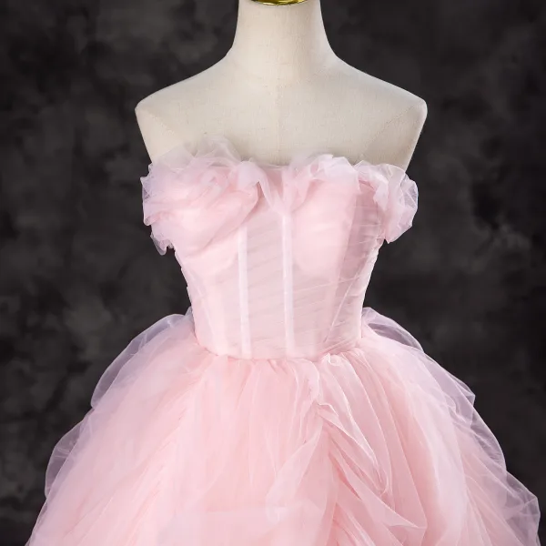Lovely Blushing Pink Cascading Ruffles Prom Dresses 2024 Ball Gown Strapless Sleeveless Backless Floor-Length / Long Formal Dresses