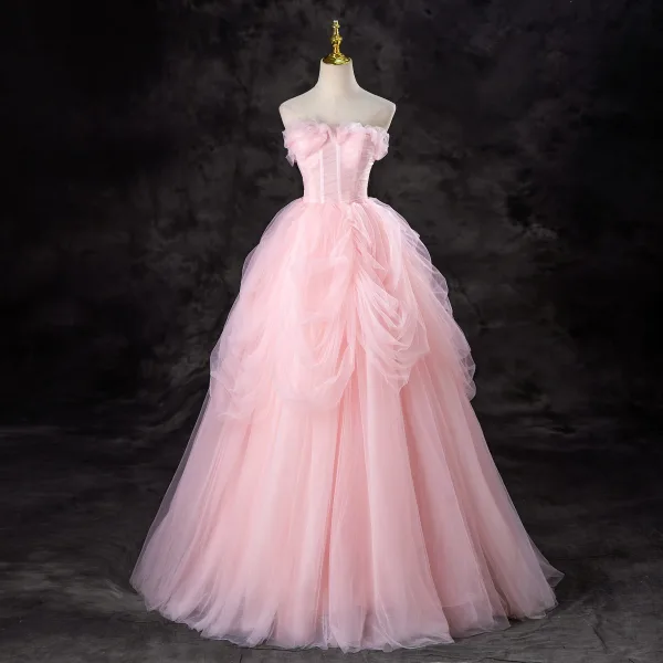Lovely Blushing Pink Cascading Ruffles Prom Dresses 2024 Ball Gown Strapless Sleeveless Backless Floor-Length / Long Formal Dresses