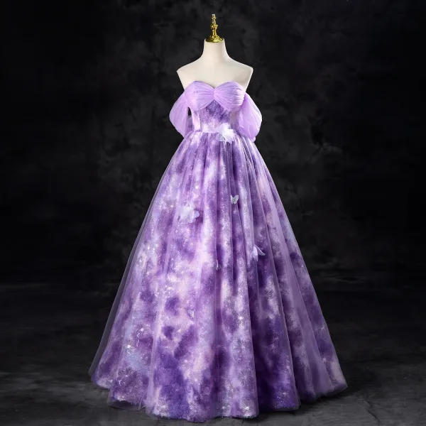 Chic / Beautiful Lilac Sequins Appliques Prom Dresses Ball Gown 2024 Strapless Sleeveless Backless Floor-Length / Long Prom Formal Dresses