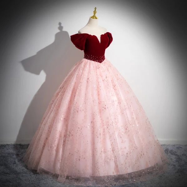 Elegant Burgundy Beading Sequins Prom Dresses 2024 Ball Gown Off-The-Shoulder Sleeveless Backless Floor-Length / Long Prom Formal Dresses