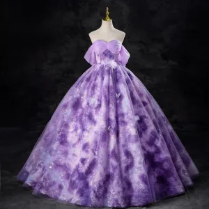 Chic Belle Lilas Paillettes Appliques Robe De Bal Robe Boule 2024 Bustier Sans Manches Dos Nu Longue Promo Robe De Ceremonie