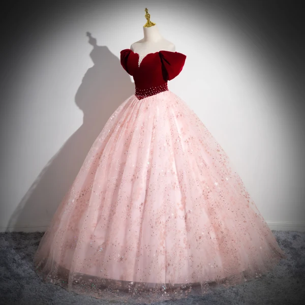 Elegant Burgundy Beading Sequins Prom Dresses 2024 Ball Gown Off-The-Shoulder Sleeveless Backless Floor-Length / Long Prom Formal Dresses