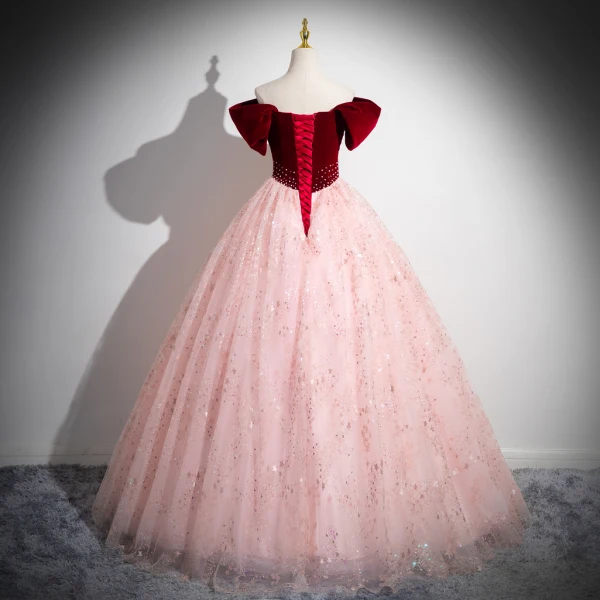 Elegant Burgundy Beading Sequins Prom Dresses 2024 Ball Gown Off-The-Shoulder Sleeveless Backless Floor-Length / Long Prom Formal Dresses